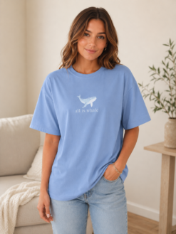 Minimalist Whale Embroidery Cotton Tee - Cute Ocean Aesthetic Short Sleeve Summer Top