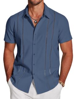 Men’s Summer Short Sleeve Button-Up Shirt Casual Breathable Cuban Collar Slim Fit Lightweight Fashion Shirt