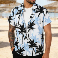 Men’s Hawaiian Palm Print Shirt – Casual Summer Beach Short Sleeve Button Down