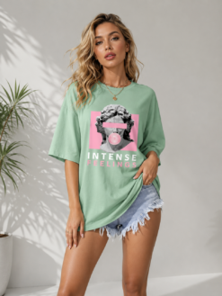 Women's Artistic Sculpture Graphic Tee Oversized Drop Shoulder Half Sleeve T-Shirt Loose Casual Longline Tunic Tops for Leggings