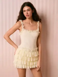 Women's Apricot Sleeveless Ruffle Lace Strappy A-Line Mini Dress
