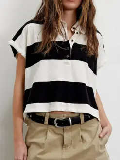 Women's Black Striped Button Front Collared Short Sleeve Top