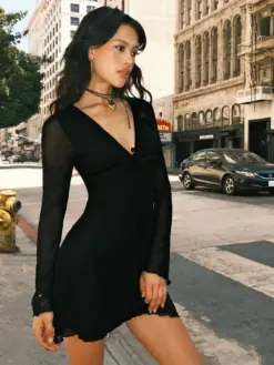Women's Black V-Neck Mesh A-Line Long Sleeve Mini Dress
