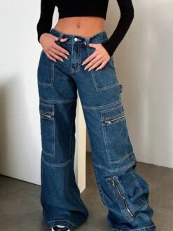 Women's Dark Blue Zipper Pocket Wide Leg Cargo Jeans