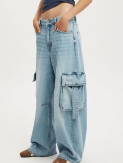Women's Light Blue Vintage Wash Wide Leg Cargo Jeans