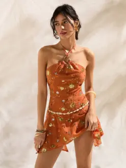 Women's Orange Sequined Embroidered Backless Halter A-Line Mini Dress
