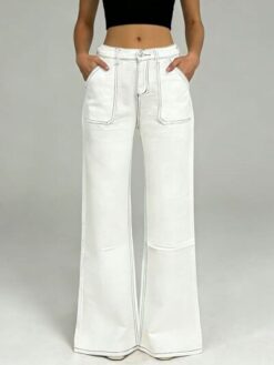 Women's White Wide Leg Contrast Stitching Jeans