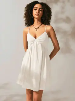 Women's White Woven Spaghetti Strap Backless Knot Mini Dress